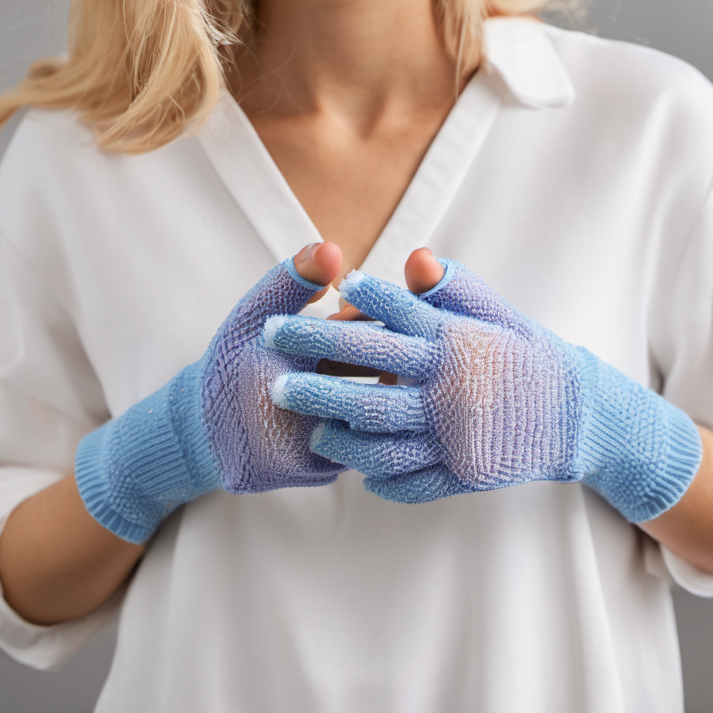 Smiling woman exfoliating with gentle, circular motions using exfoliating gloves.